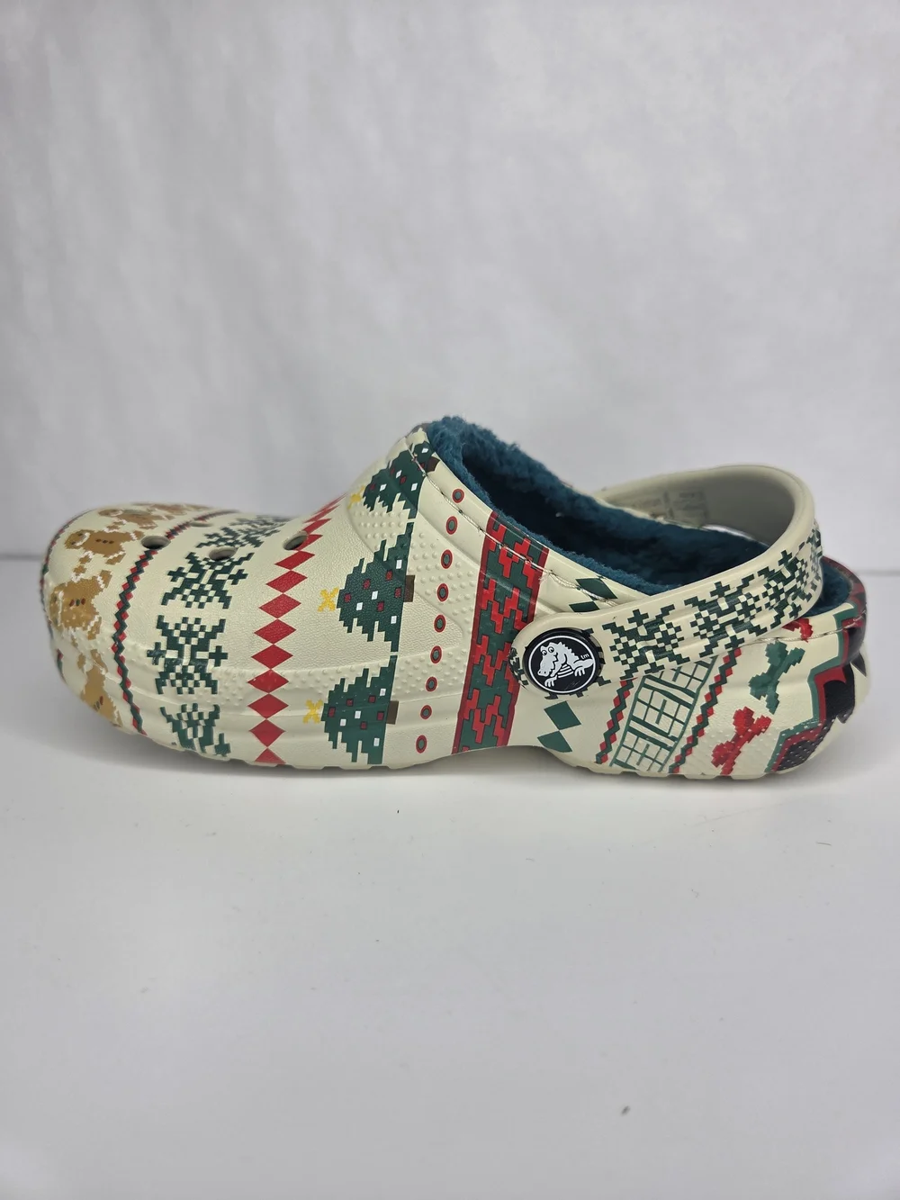 CROCS Kids Holiday Pattern Fuzzy-Lined Clogs in Cream, Green, Red and Tan